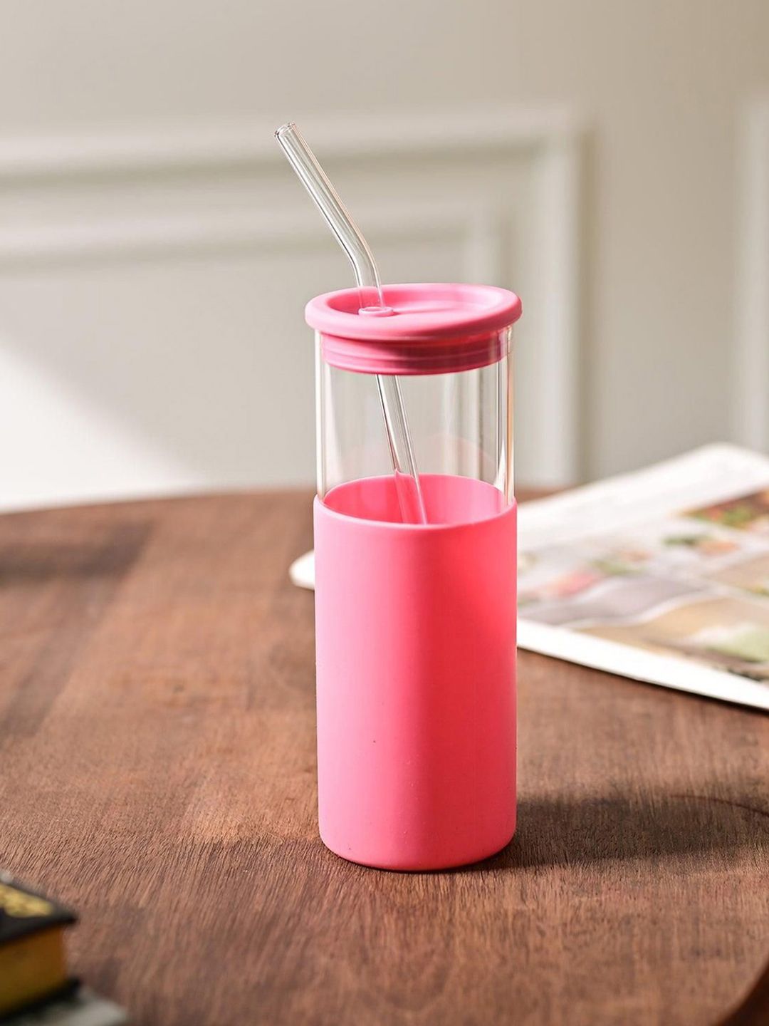 MARKET99 Pink & Transparent Glass Water Bottle With Straw 480ml