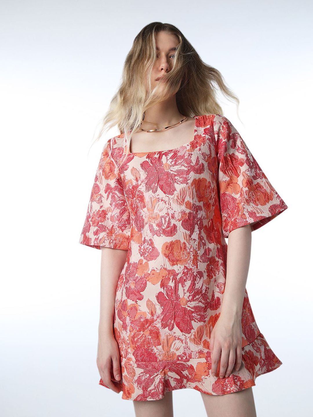 Floral Printed Square Neck Flared Sleeves Jacquard Mini Shift Dress