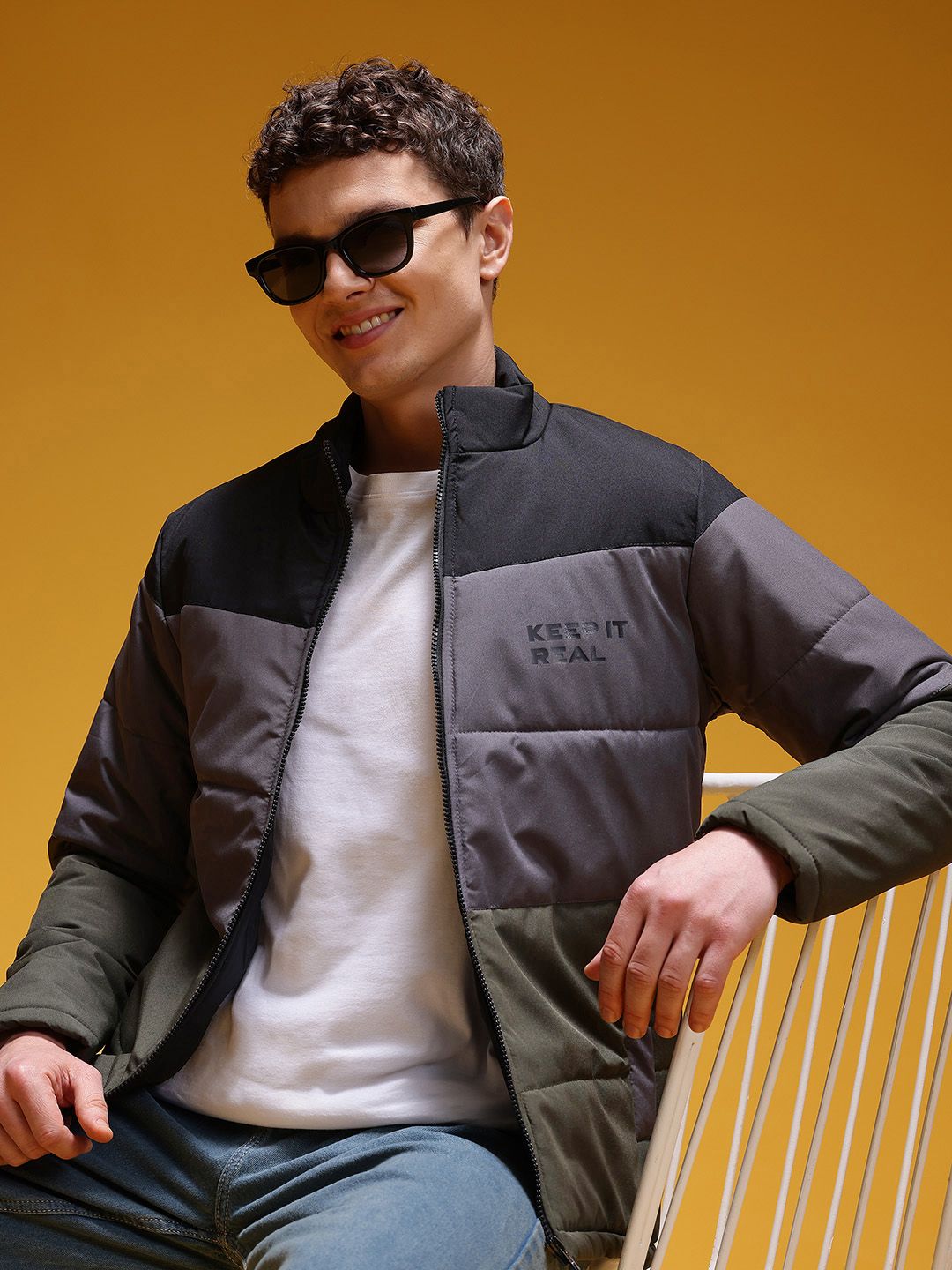 HERE&NOW Colorblocked Mock Collar Padded Jacket