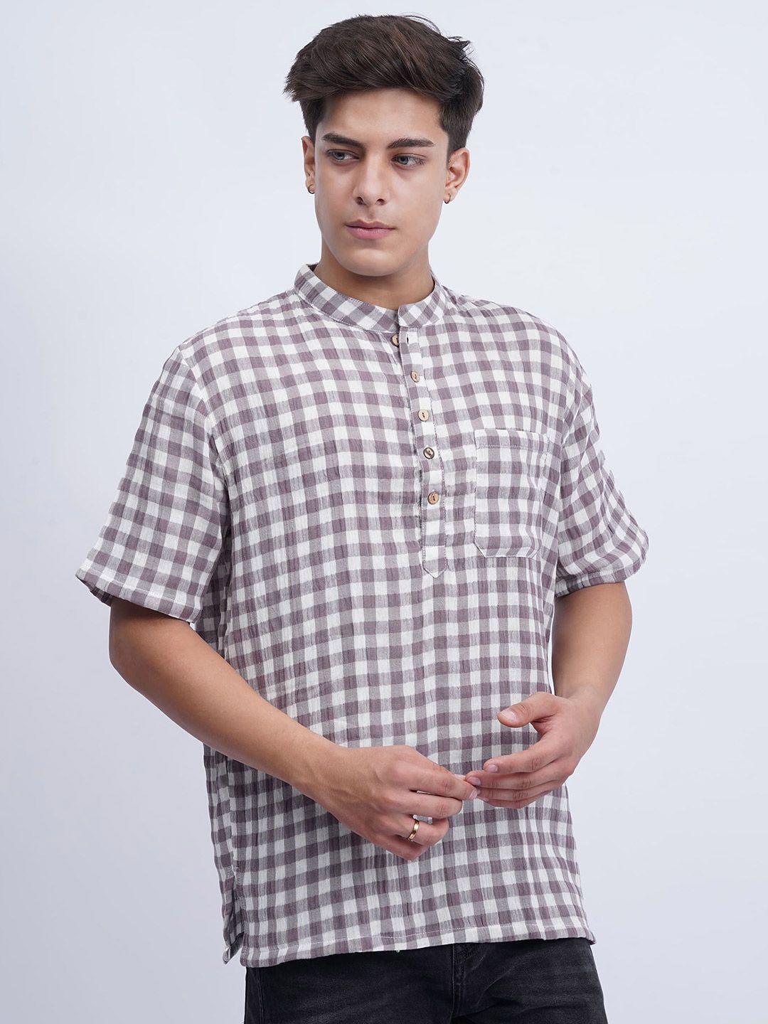 Cot'N Soft Checked Mandarin Collar Cotton Kurta