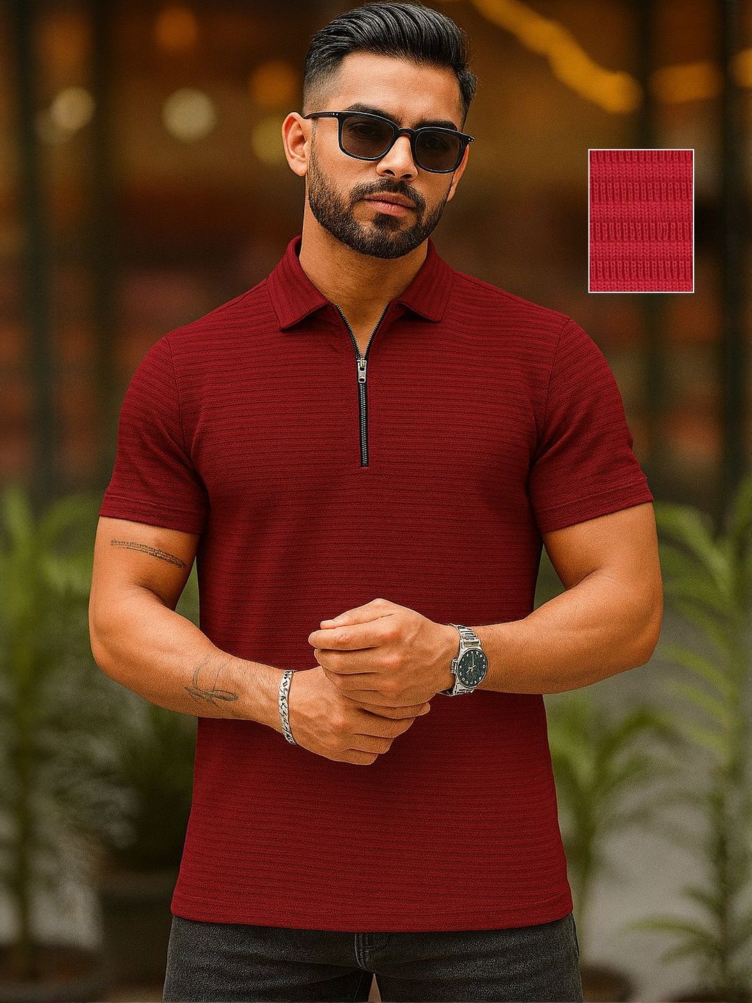 Moda Rapido Self Design Polo Collar Regular Fit Cotton T-shirt