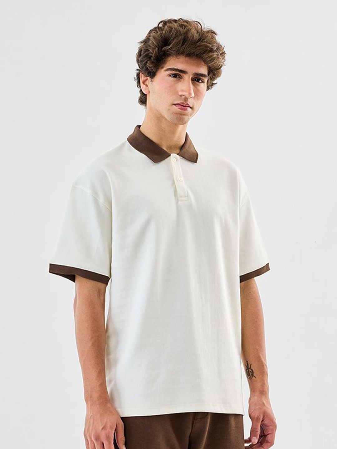 Snitch Oversized Polo Collar Drop-Shoulder Sleeves Pure Cotton T-Shirt