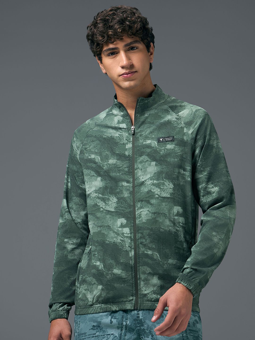 Technosport Men Mock Collar Camouflage Printed Lightweight Sporty Jacket