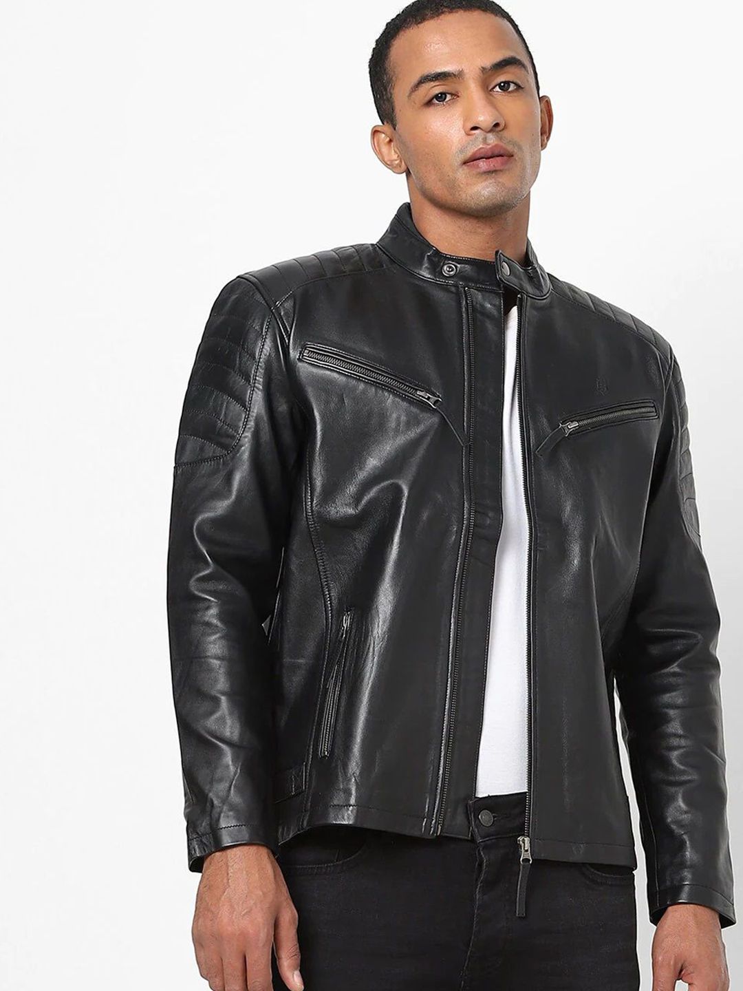 Tortoise Men Solid Stand Collar Lightweight Leather Jacket