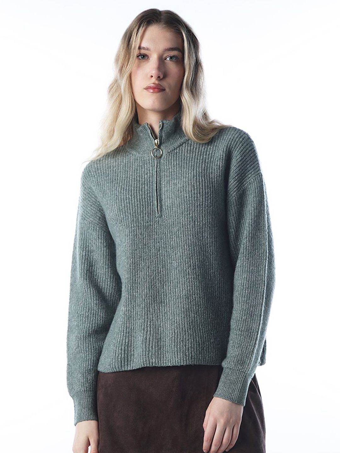 ONLY Women High Neck Half Zipper Long Sleeves Pullover Sweaters with Fuzzy Detail
