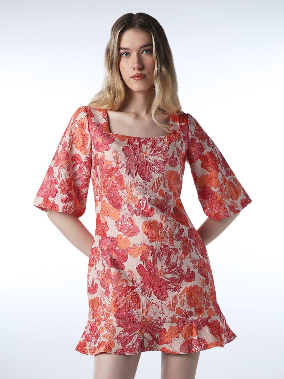 Floral Printed Square Neck Flared Sleeves Jacquard Mini Shift Dress