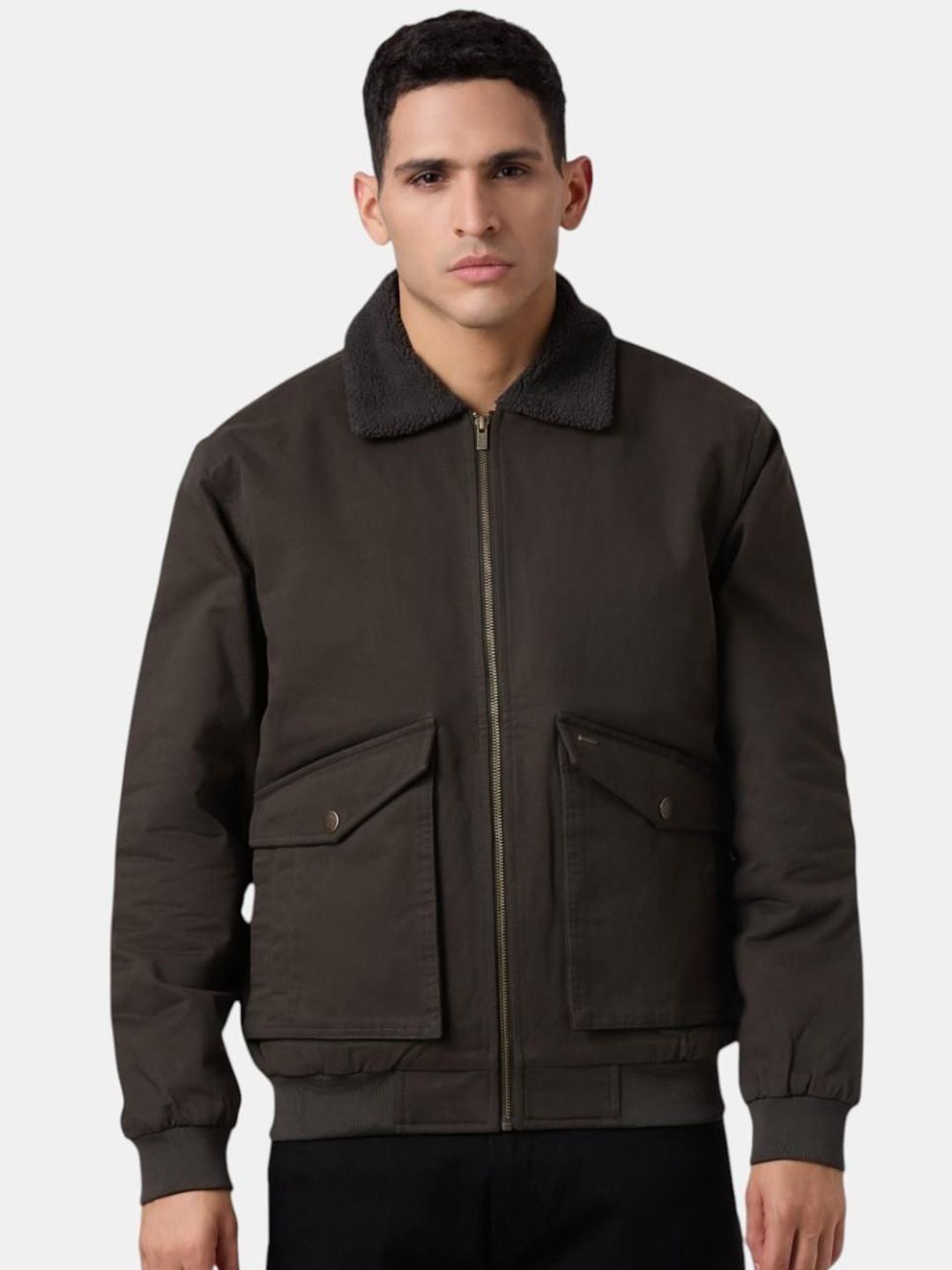Pepe Jeans Men Spread Collar Solid Cotton Bomber Jacket