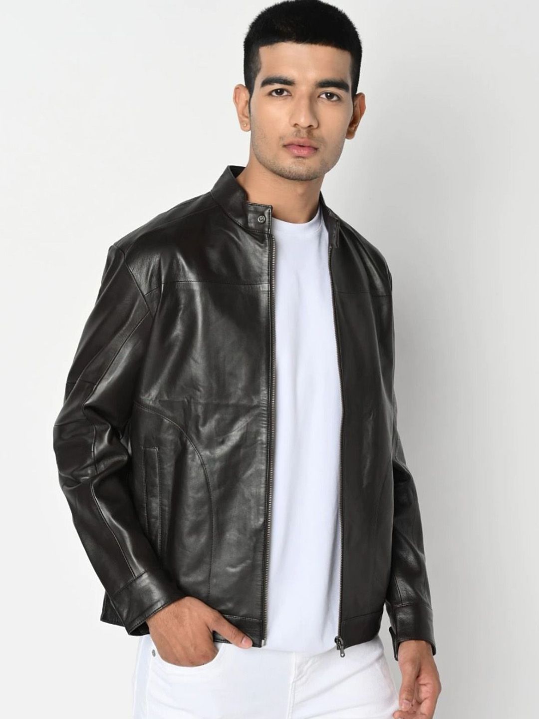 Tortoise Men Mandarin Collar Solid Lightweight Brown Leather Jacket