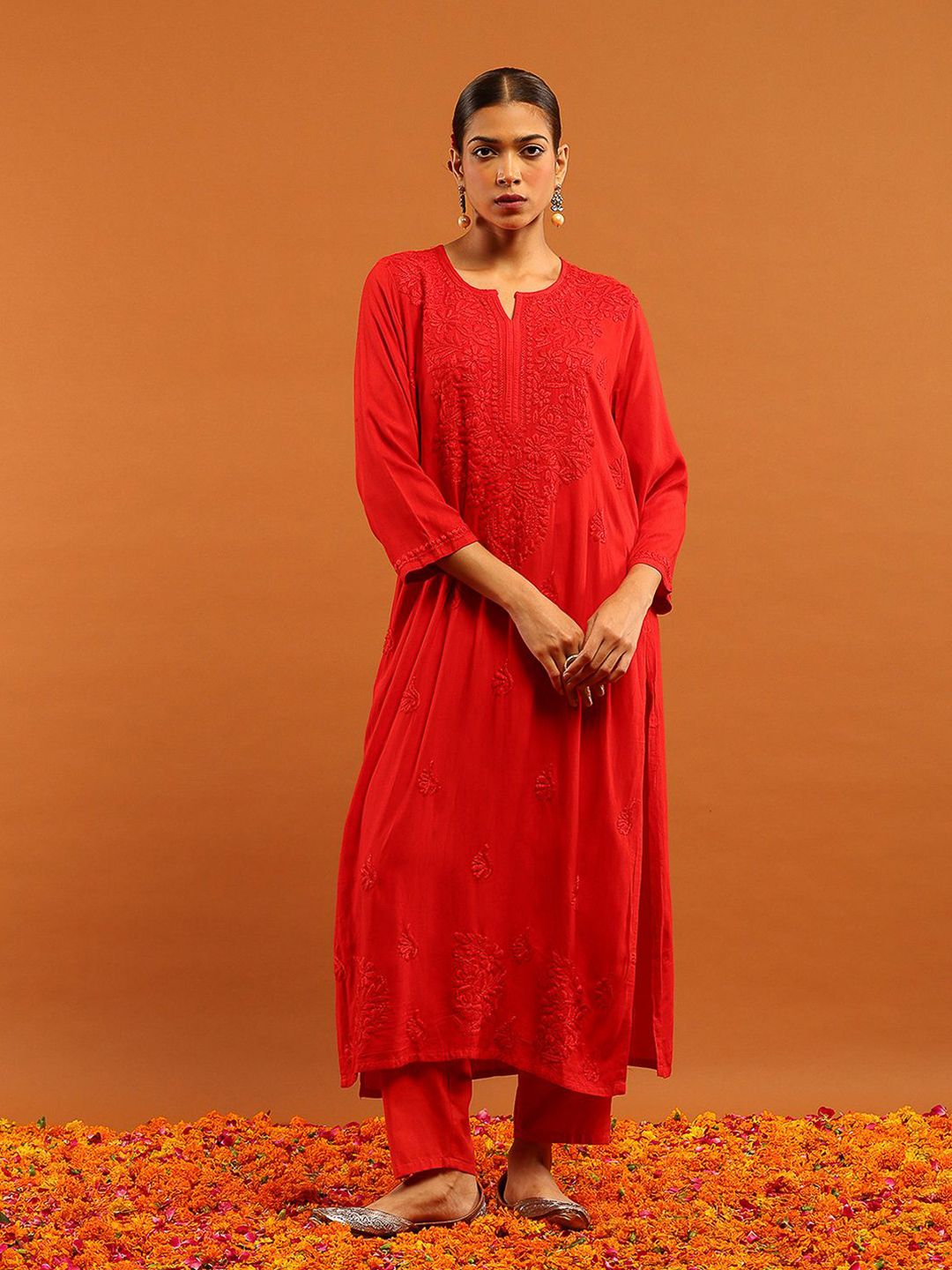 House of Chikankari Women Red Rayon Chikankari Embroidered Kurta