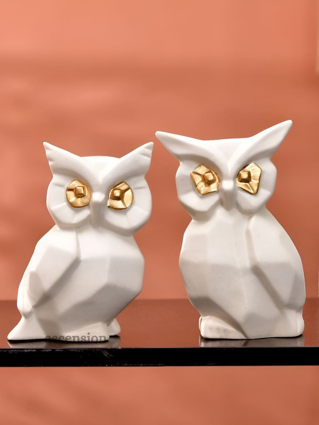 Ascension White & Gold-Toned 2 Pieces Owl Statue Ceramic Figurine Showpieces