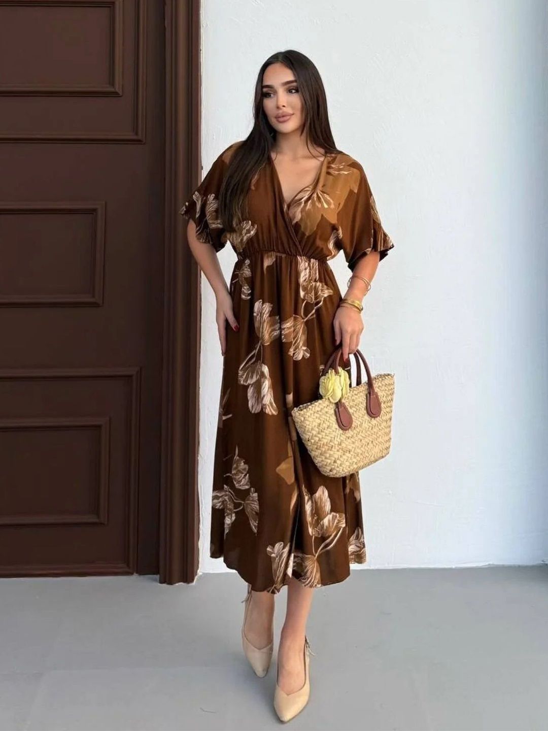 PIMU Women Floral Printed V-neck Front Slit Midi Wrap Dress