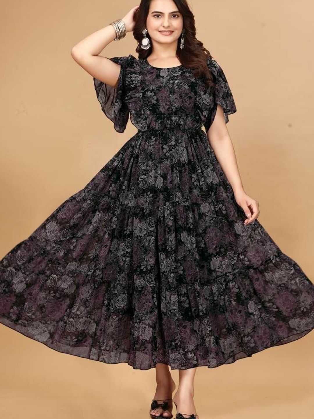 Zanies Women Georgette Floral Printed Ruffles Tiered Fit & Flare Maxi Dress
