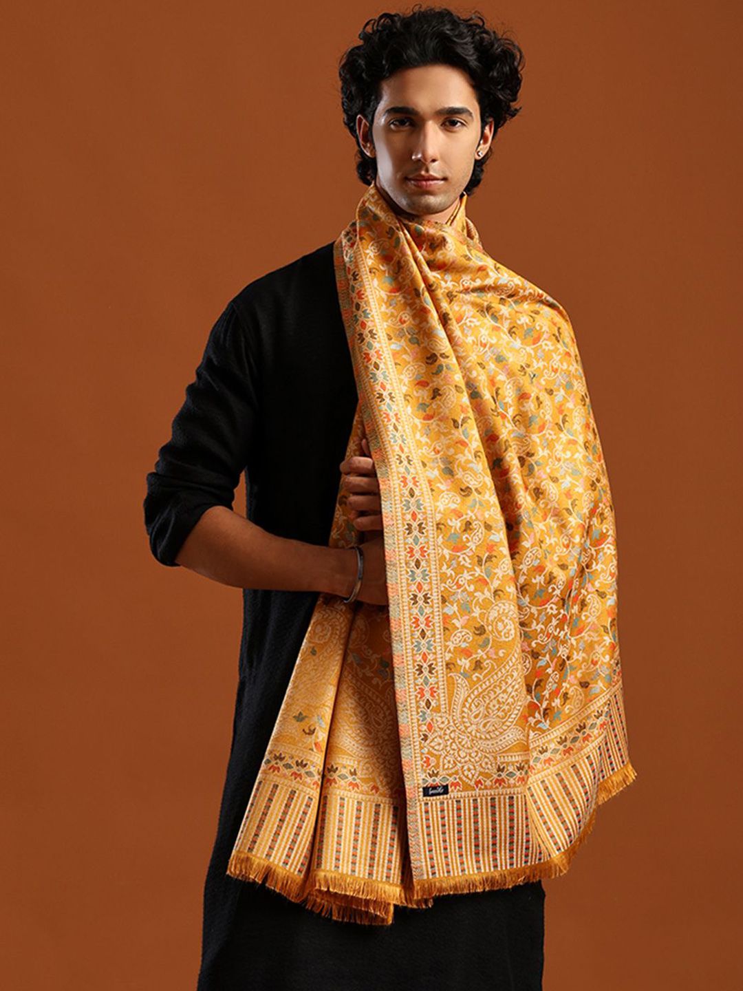 Tweedle Men Ethnic Kashmiri Kani Woven Design Stole With Fringed Border