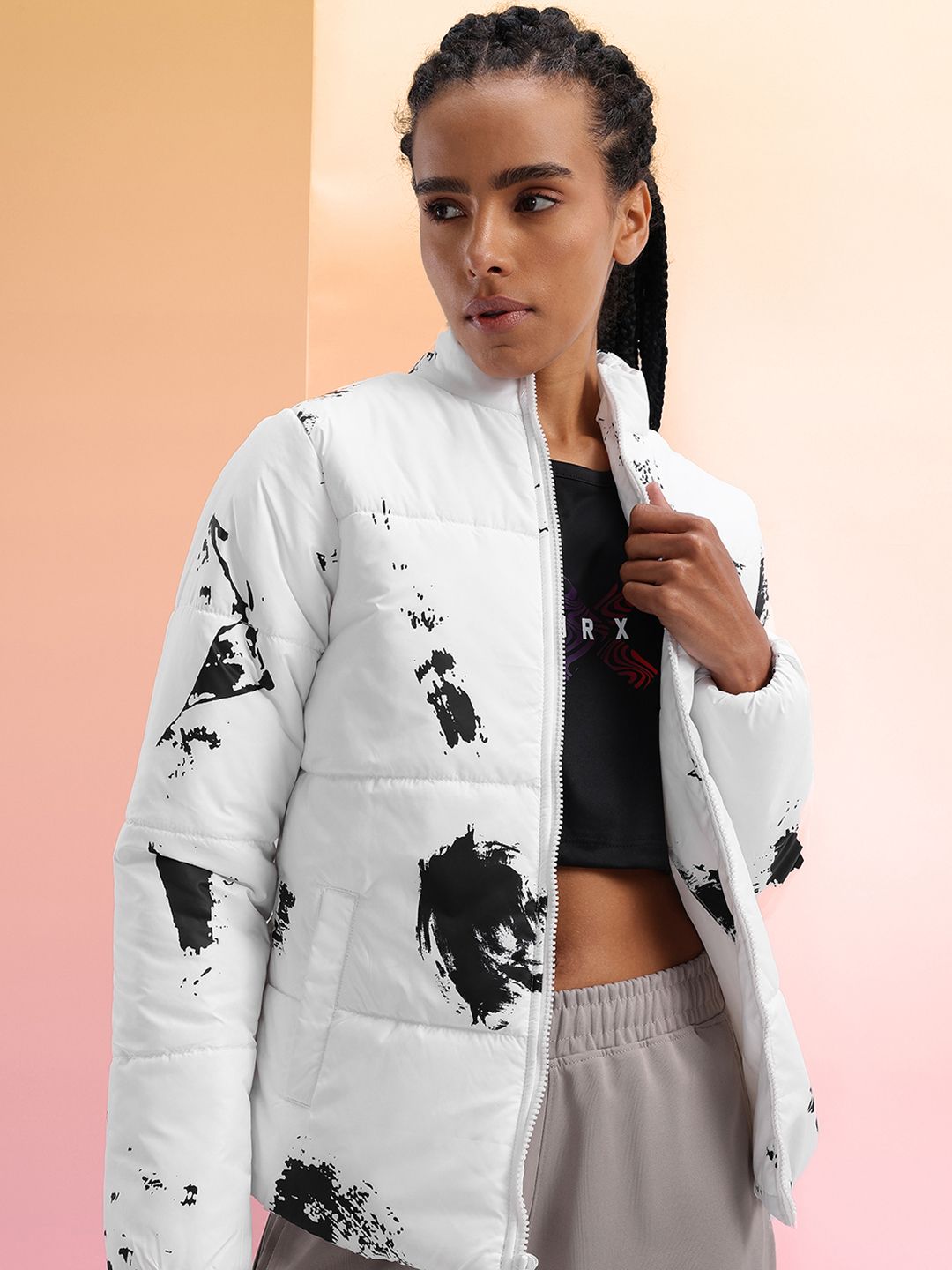 HRX by Hrithik Roshan Abstract Print Mock Collar Padded Jacket
