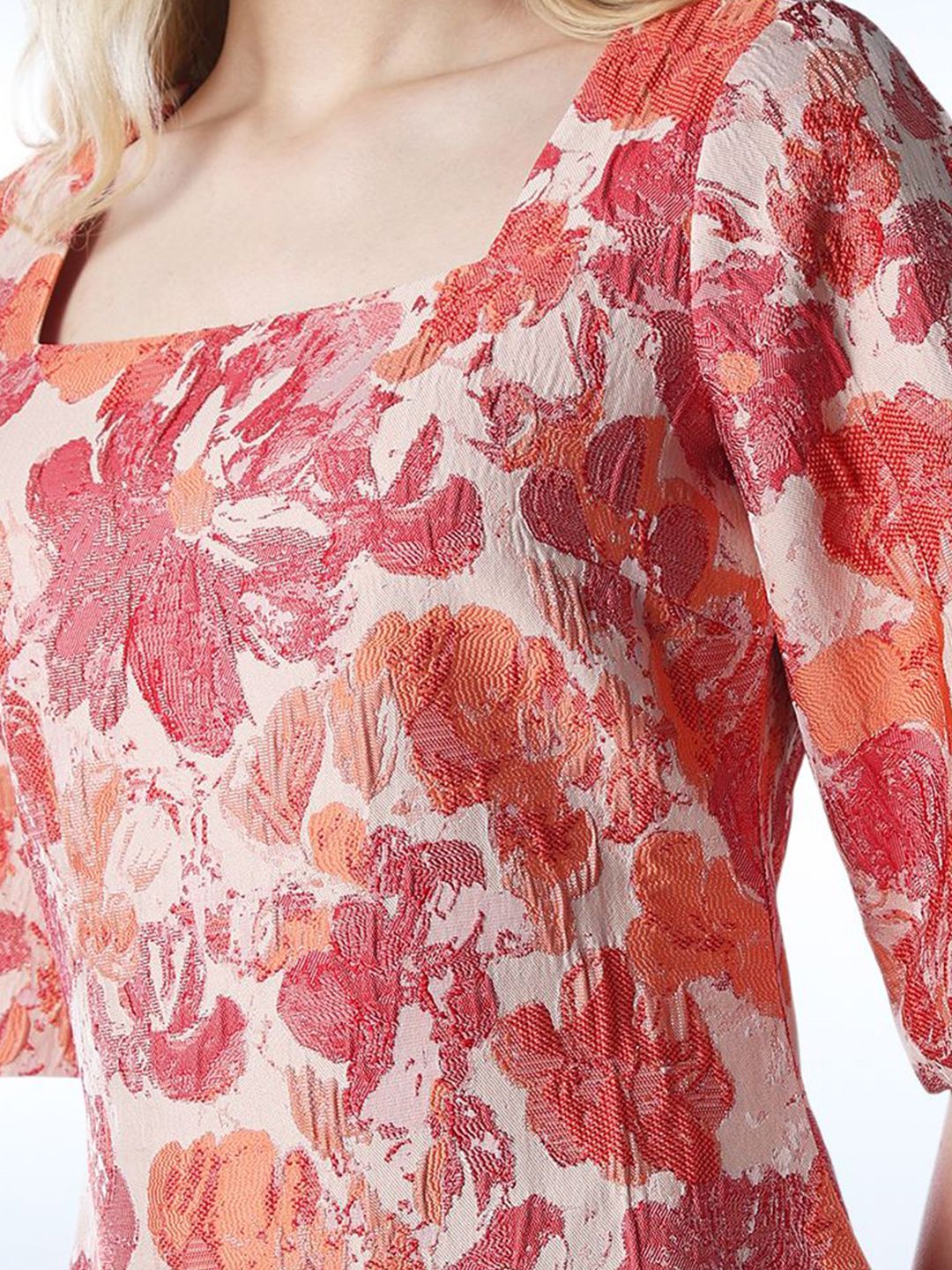 Floral Printed Square Neck Flared Sleeves Jacquard Mini Shift Dress