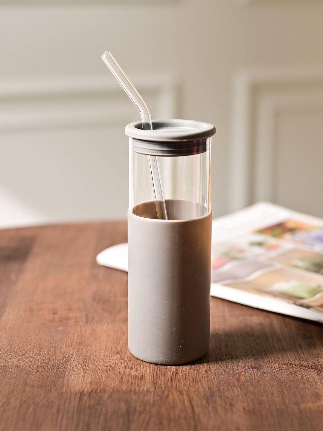 MARKET99 Grey & Transparent Glass Water Bottle With Straw 480ml