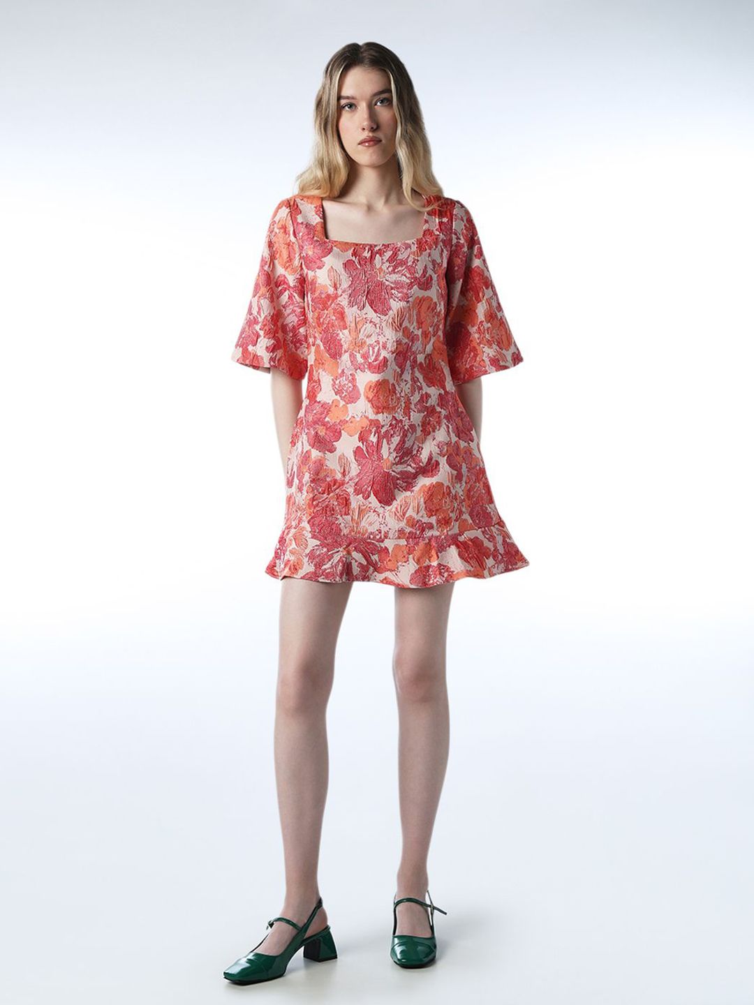 Floral Printed Square Neck Flared Sleeves Jacquard Mini Shift Dress