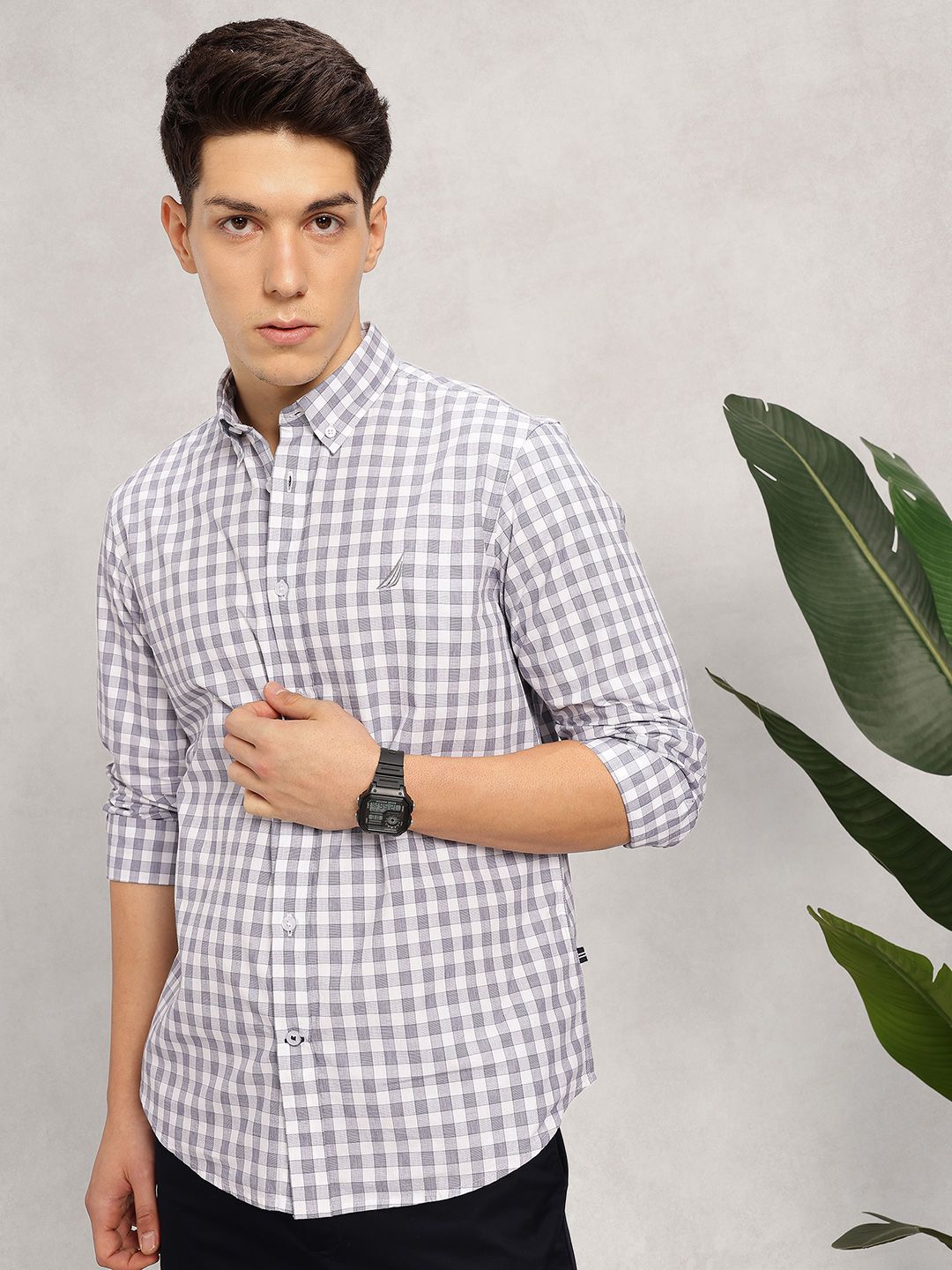 Nautica Slim Fit Micro Checked Pure Cotton Casual Shirt