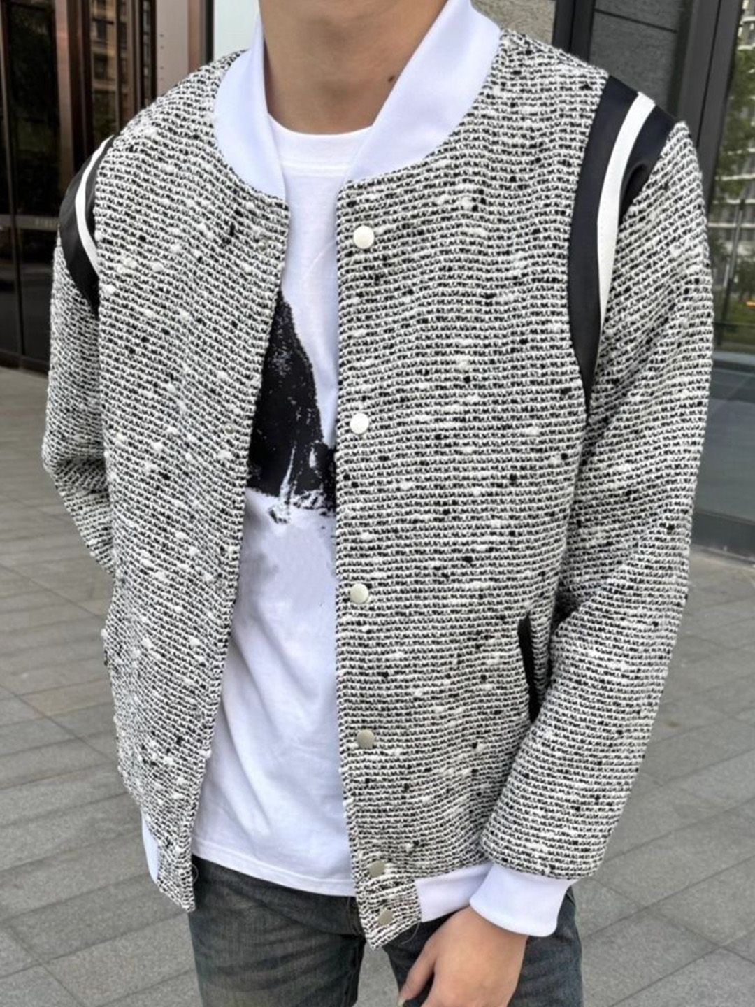 StyleCast x Revolte Men Grey Striped Collarless Jacket
