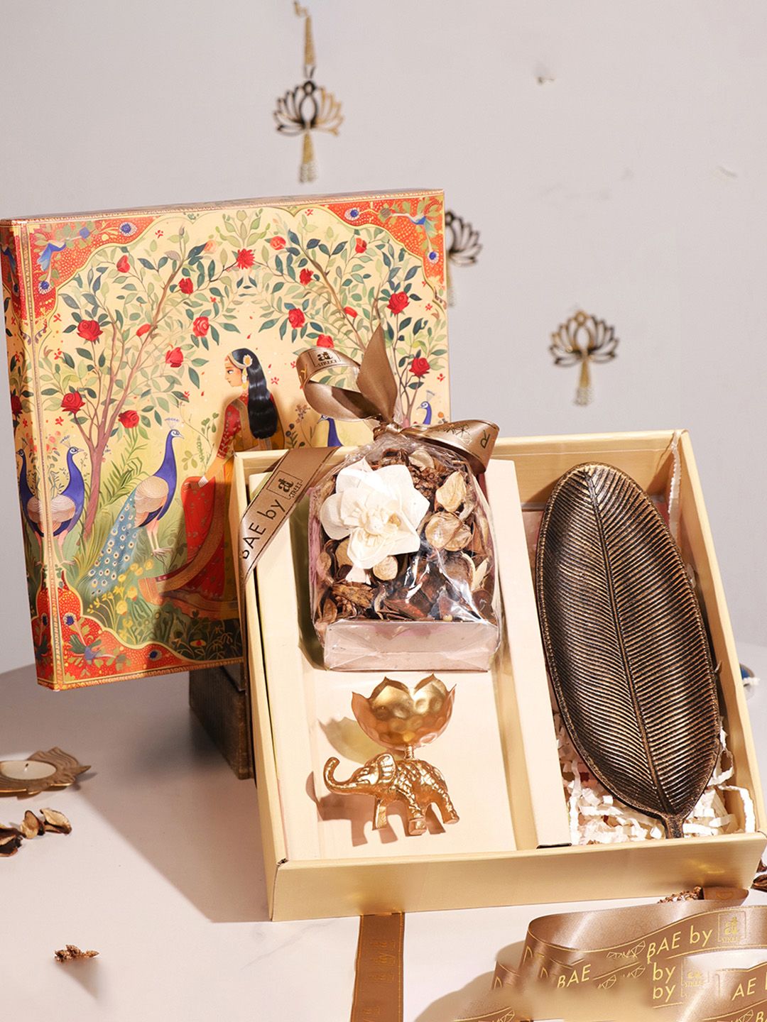 Art Street 4 Pieces Valentine Gift Hamper Box with Mogra Scent Potpourri Glass Candle Tray