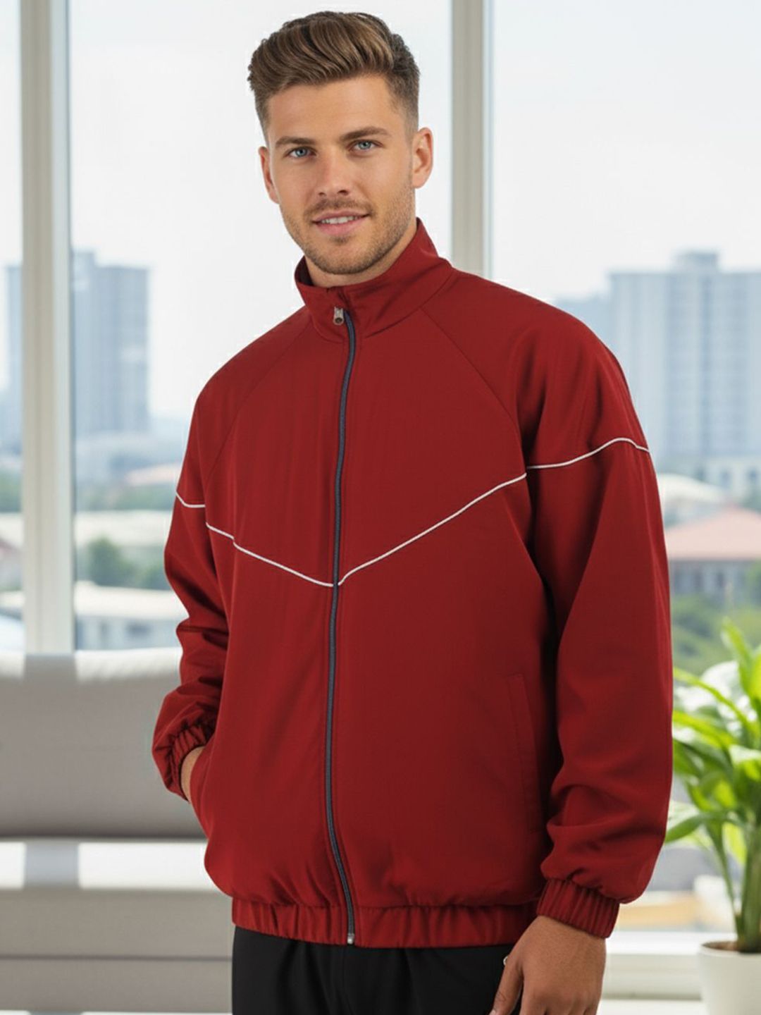 CHKOKKO Men Stand Collar Solid Windcheater Sporty Jacket