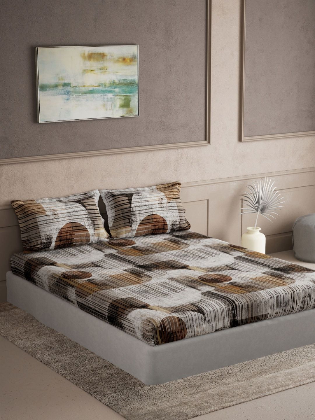 DDecor DDecor Elemental Brown & White 144 TC Pure Cotton Super King Bedsheet Set 2.74m x 2.74m