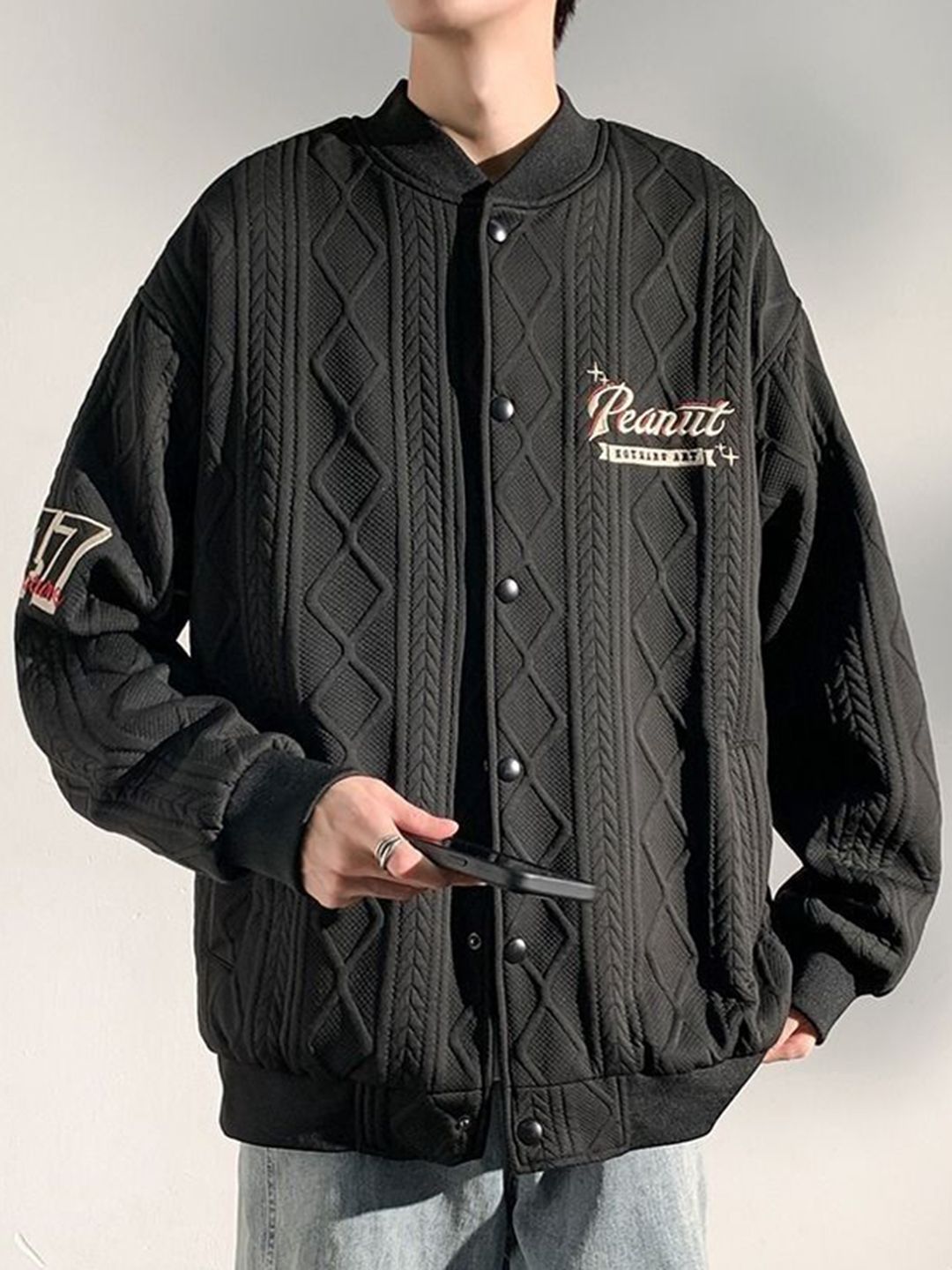 StyleCast x Revolte Peanut Men Collarless Typography Casual Jacket