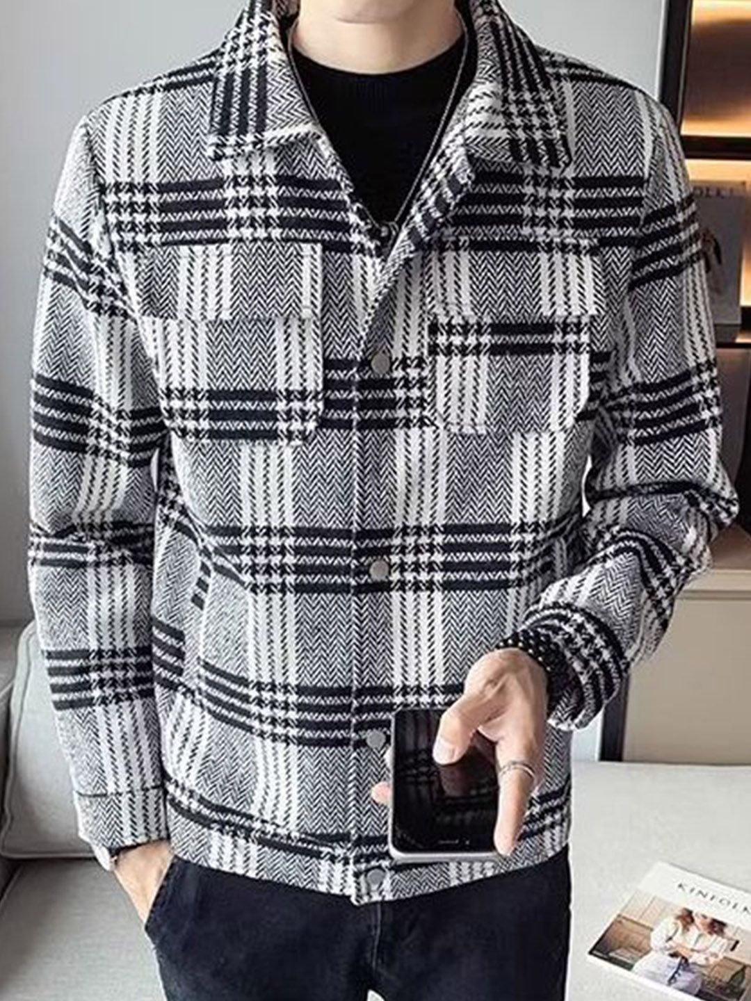 StyleCast x Revolte Men Checked Spread Collar Long Sleeves Tailored Jacket