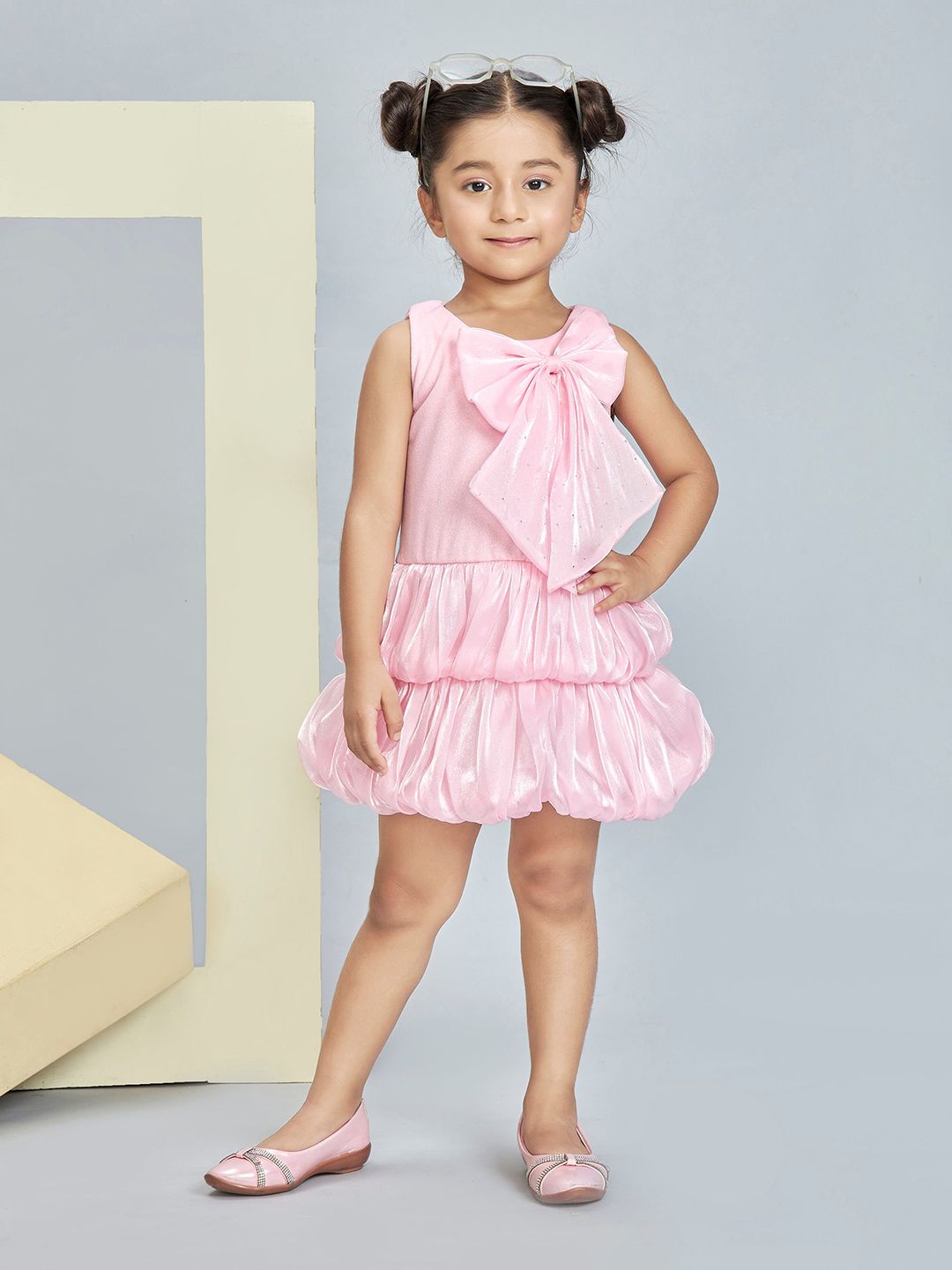 Peppermint Girls Layered Balloon Dress With Bow Detail