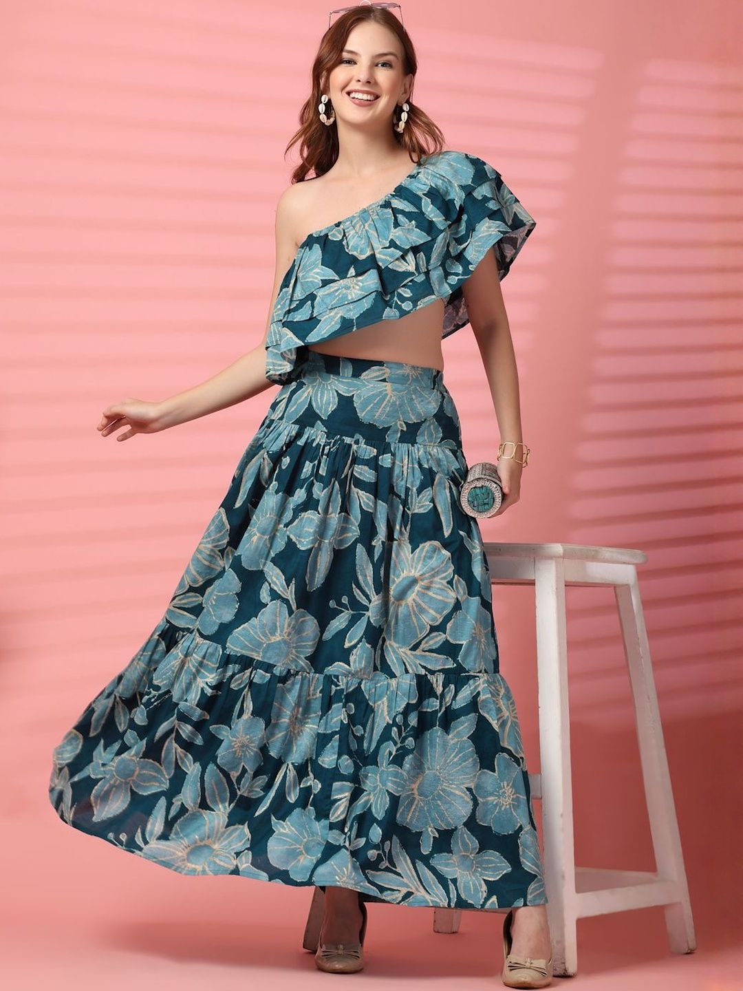 KALINI Women Off Shoulder Pure Cotton Floral Crop Top and Skirt Co-Ord Set