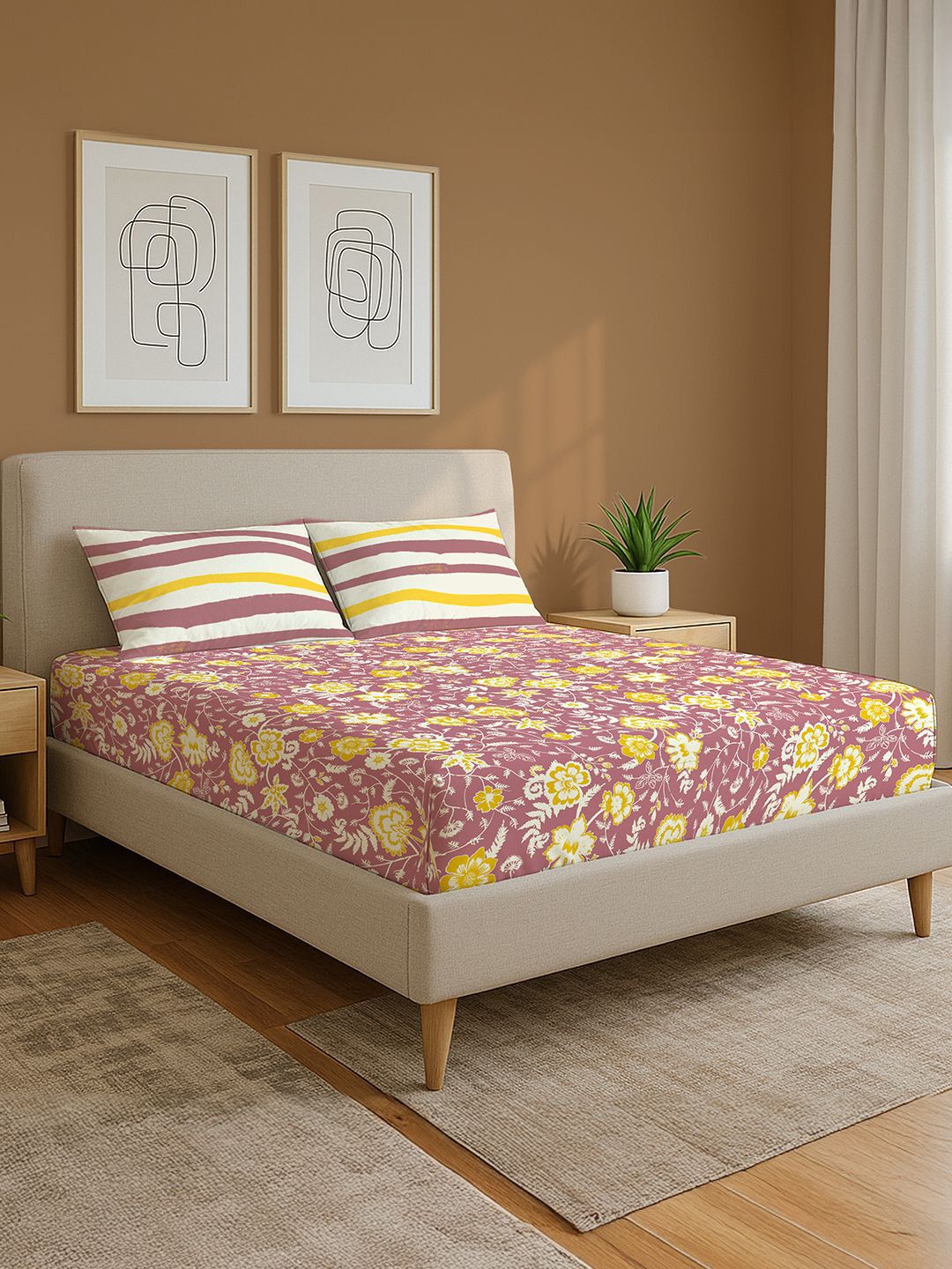 Divine Pink & Yellow Floral Cotton 144 Tc King Bedsheet Set