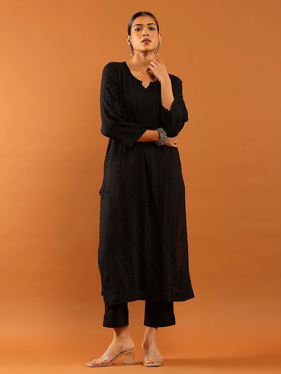 Women Chikankari Kurta House of Chikankari Women Black Modal Chikankari Embroidered Kurta