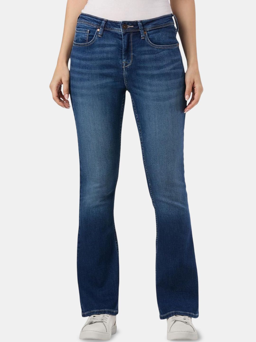 Pepe Jeans Women Flared Mid-Rise Light Fade Stretchable Jeans