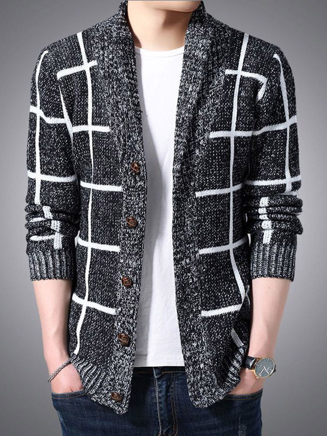 StyleCast Men Checked Shawl Collar Cotton Long Sleeves Jacket