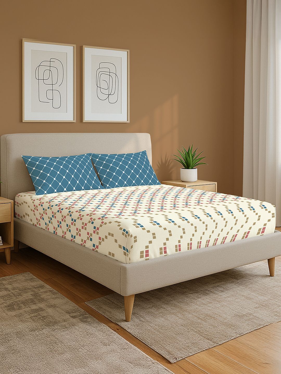 Divine Blue & White Geometric Cotton 144 Tc King Bedsheet Set