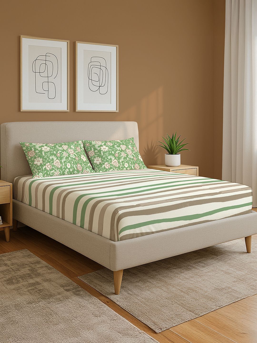 Green Striped 144 Tc King Bedsheet With 2 Pillow Covers