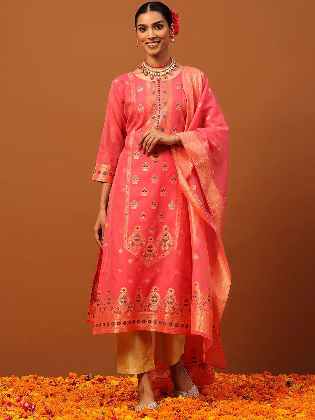 House of Chikankari Women Ethnic Motifs Woven Design Kurta with Trousers & Dupatta