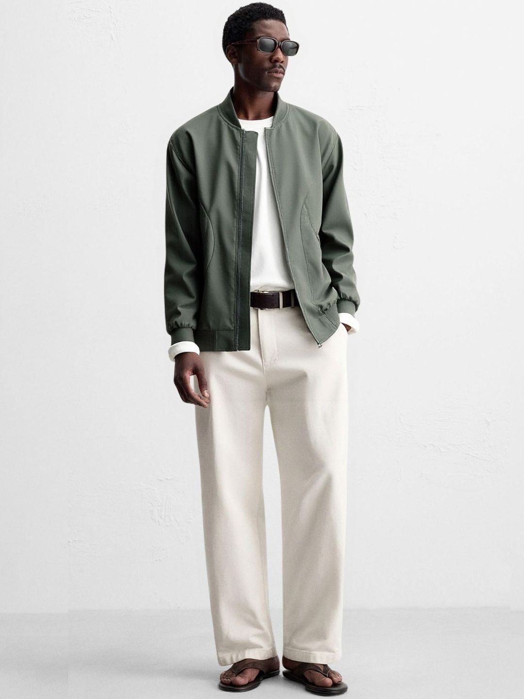 HERE&NOW Men Green Stand Collar Polyester Open Front Jacket