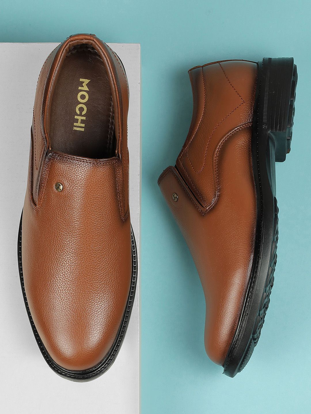 Mochi Men Textured Leather Formal Slip On Shoes