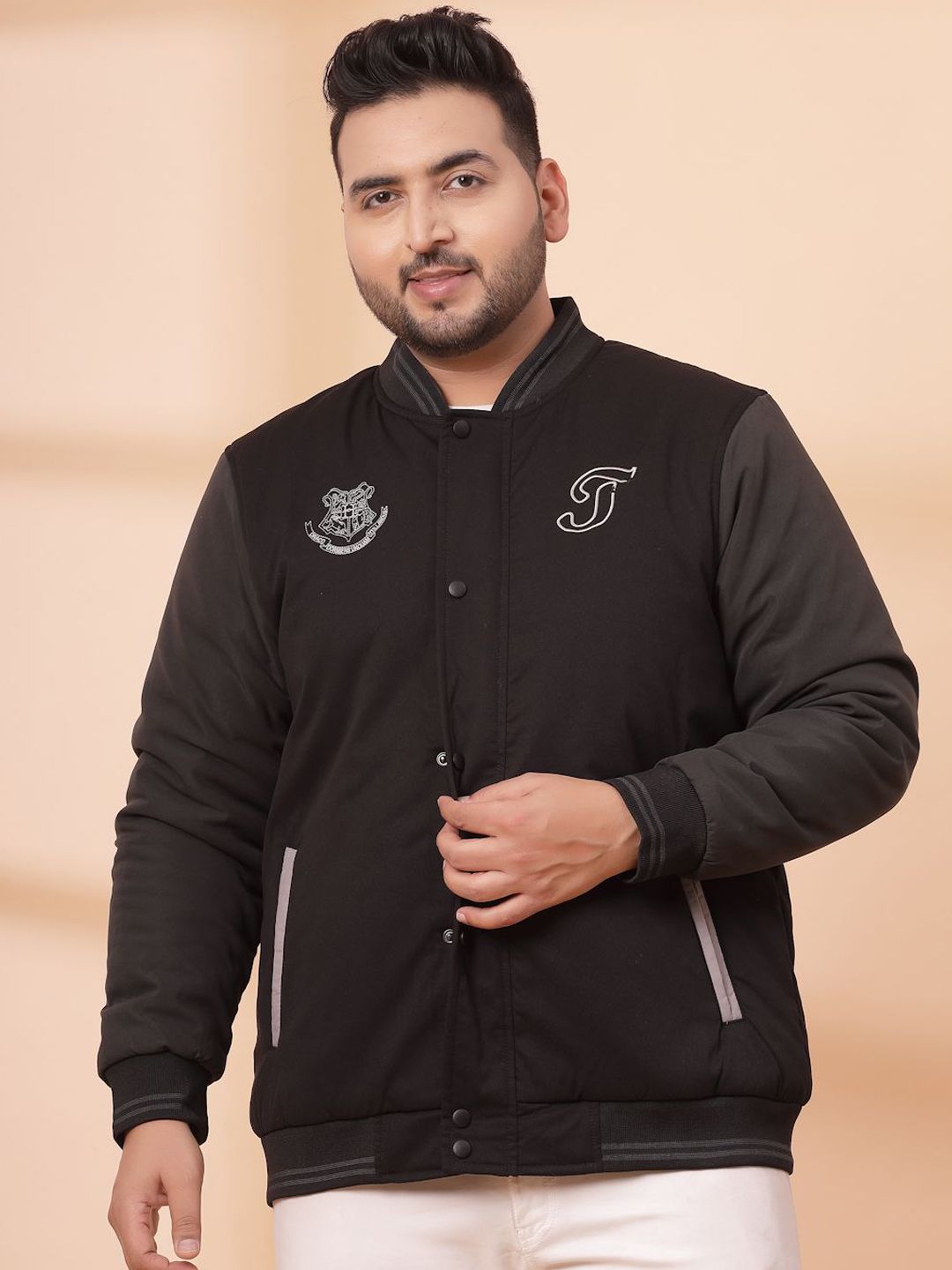 plusS Men Stand Collar Graphic Printed Varsity Jacket