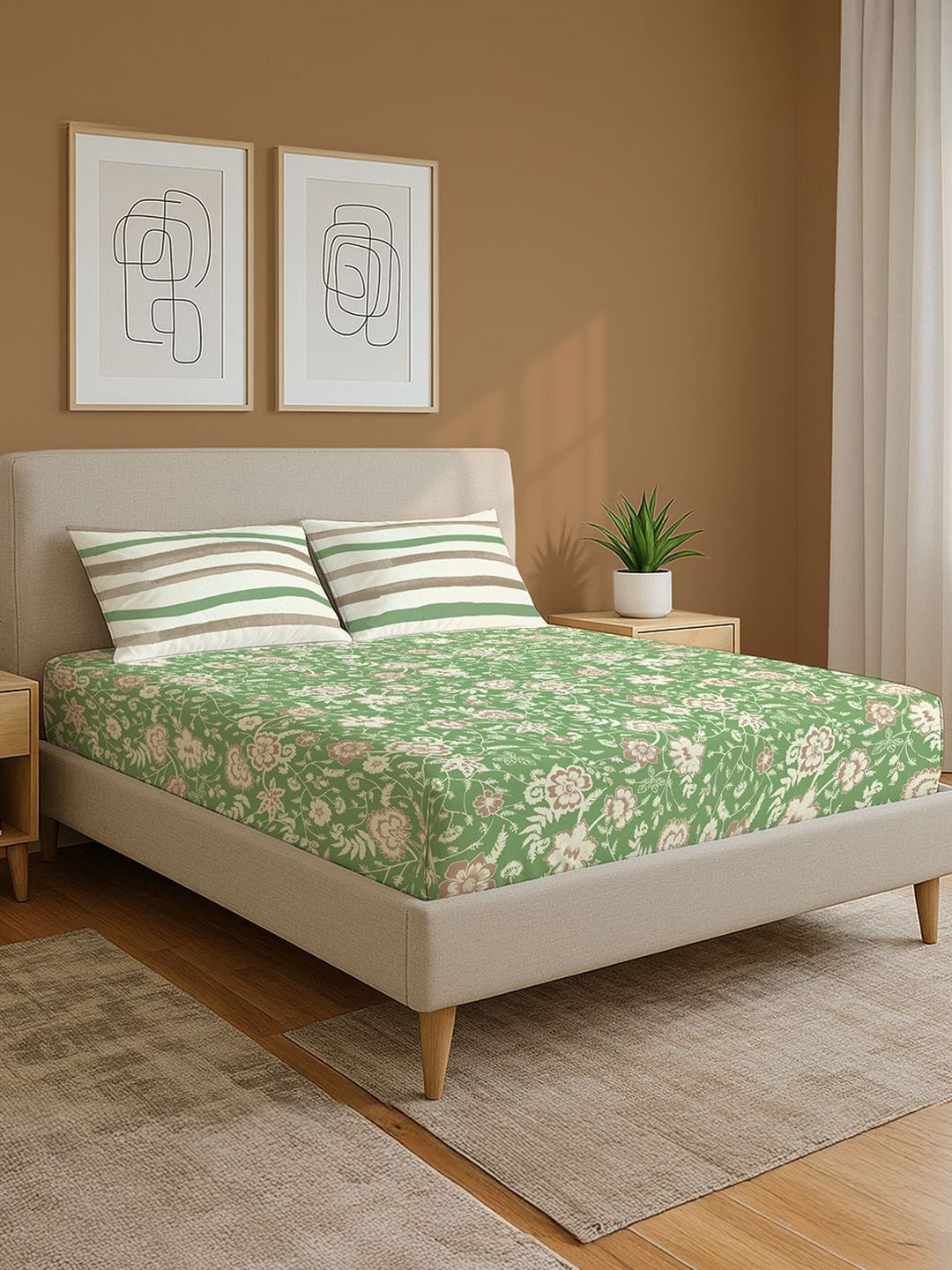 Green Floral 144 Tc King Bedsheet With 2 Pillow Covers