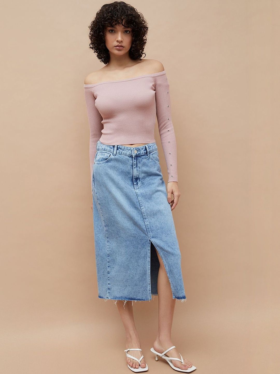 Buy Ginger by Lifestyle Ribbed Off-Shoulder Long Sleeves Crop Top