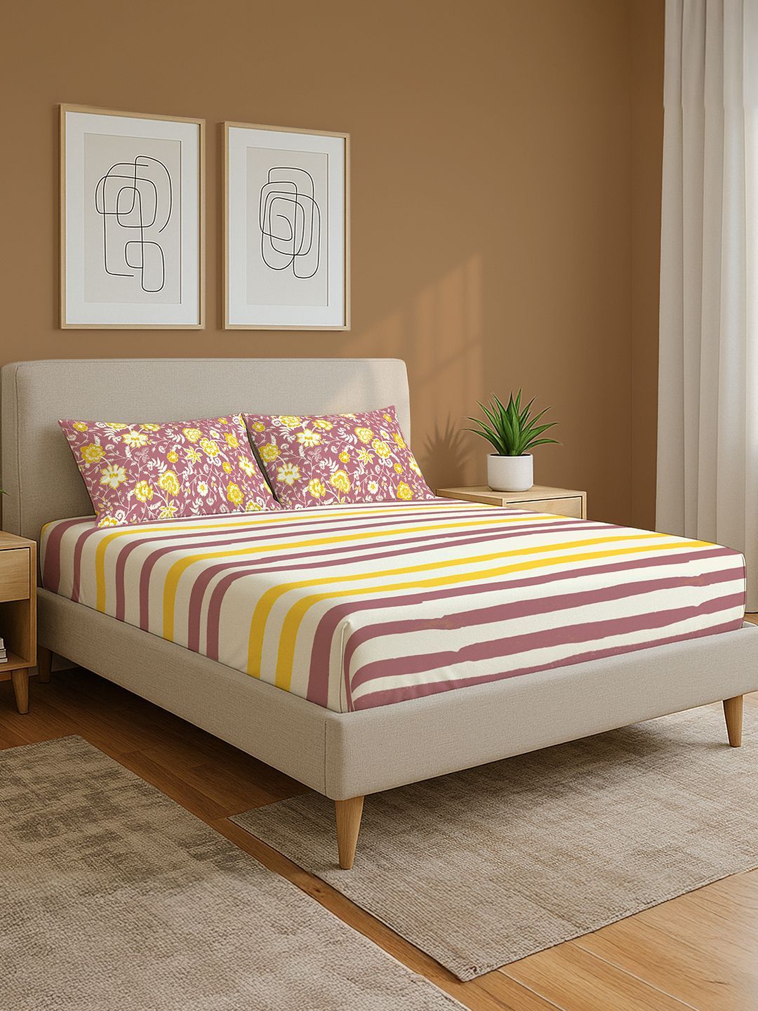 Pink Striped 144 Tc King Bedsheet With 2 Pillow Covers