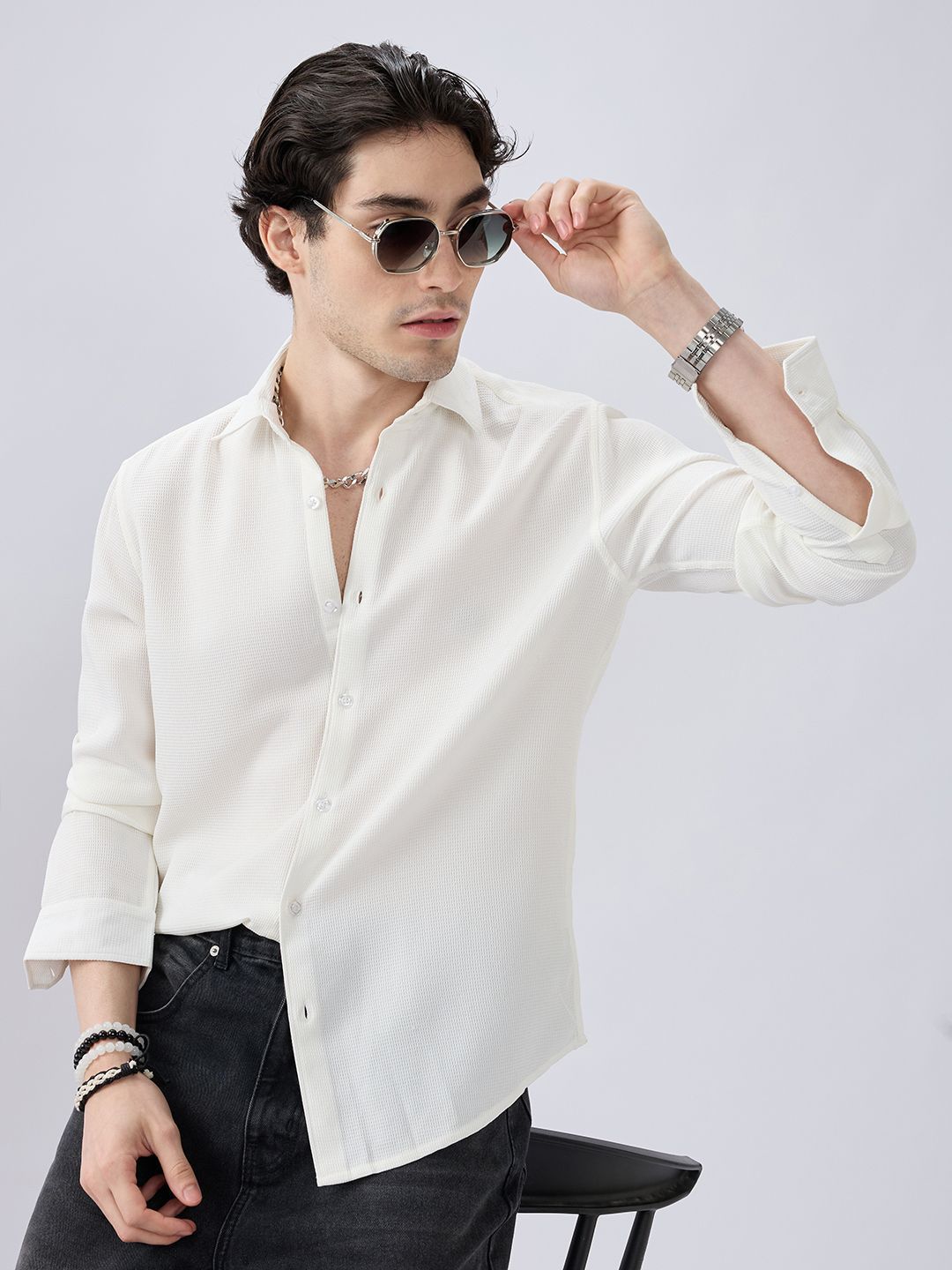 VASTRADO Classic Waffle Weave Textured Slim Fit Everyday Casual Shirt