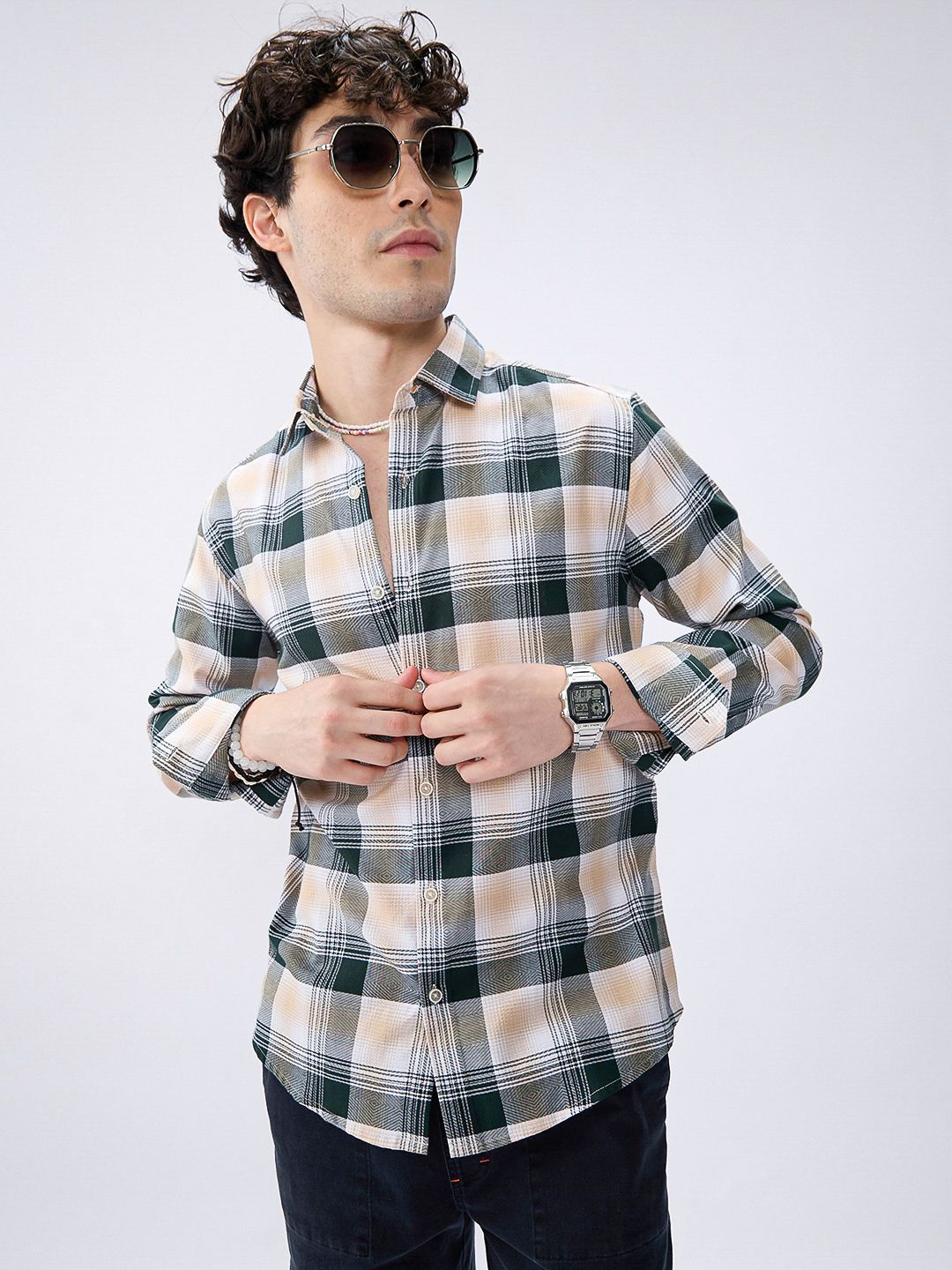 VASTRADO Men Classic Fit Checked Spread Collar Cotton Casual Shirt