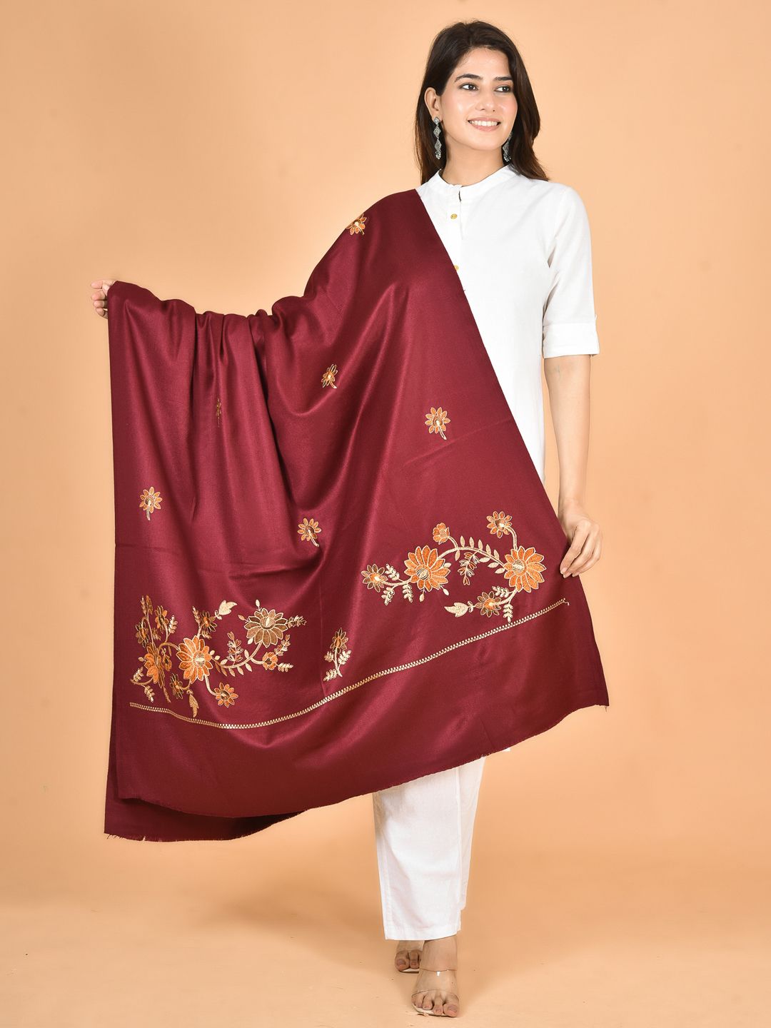 BAISA Unisex Floral Embroidered Wool Shawl