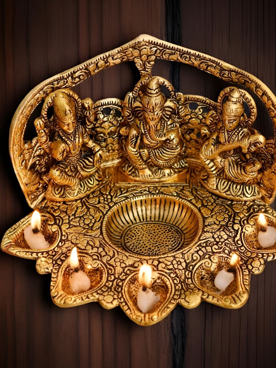 Heaven Decor Yellow And Black 3 Pieces Textured Laxmi Ganesh Saraswati Diyas