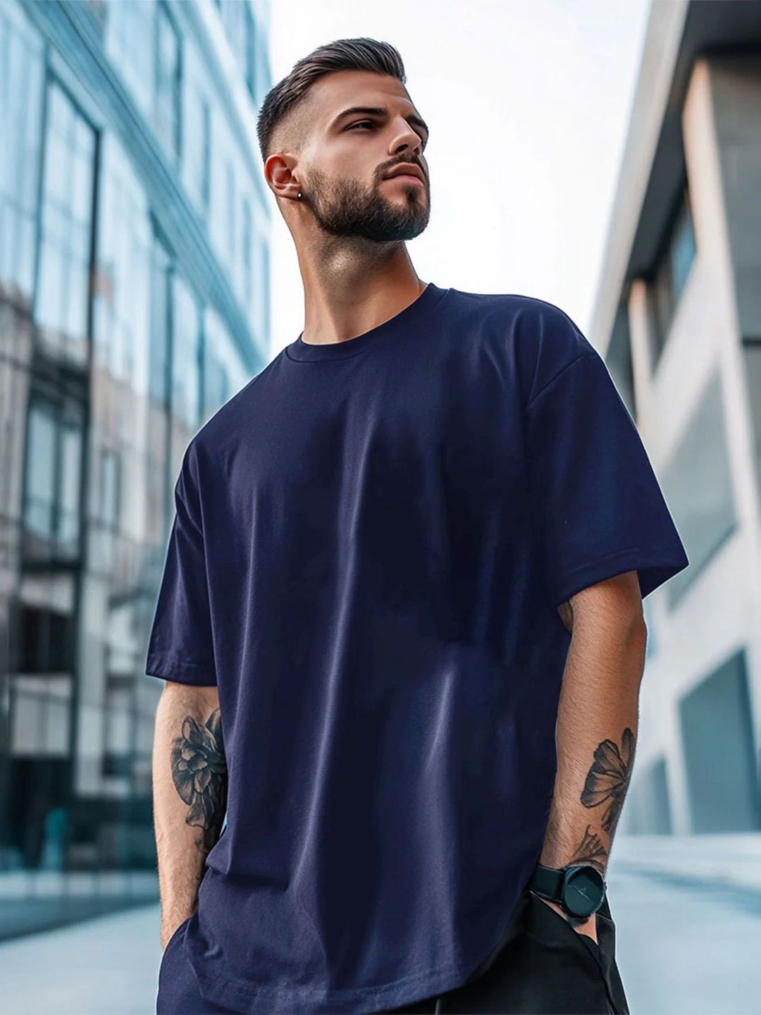 AUSK Men Solid Round Neck Cotton Oversized T-shirt