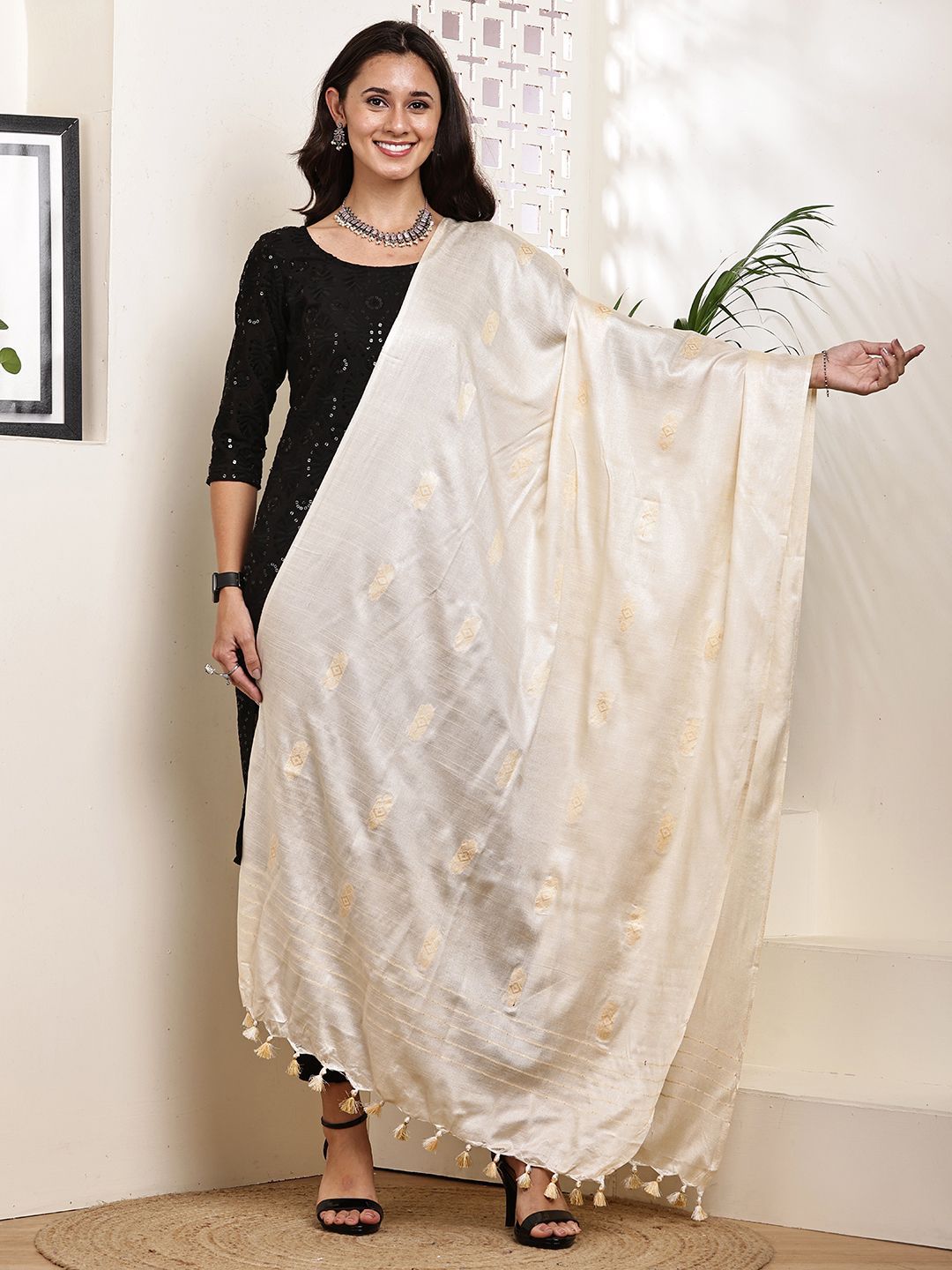 Bunkraft Ethnic Motifs Woven Design Cotton Silk Dupatta