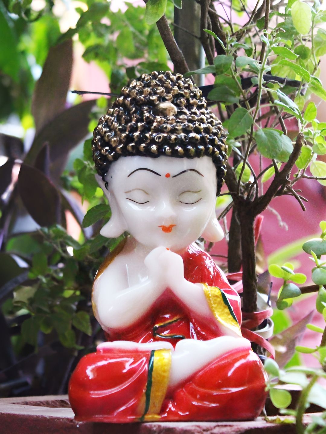 MISS PEACH Red And White Meditating Baby Monk laughing Idol Showpiece